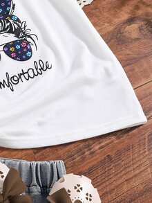 Chicas Camiseta con estampado de figura y letra - Blanco - Ver 3