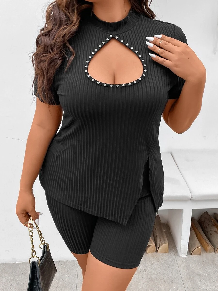 SHEIN Unity Plus Rhinestone Detail Cut Out Tee & Cycling Shorts - Black - View 1