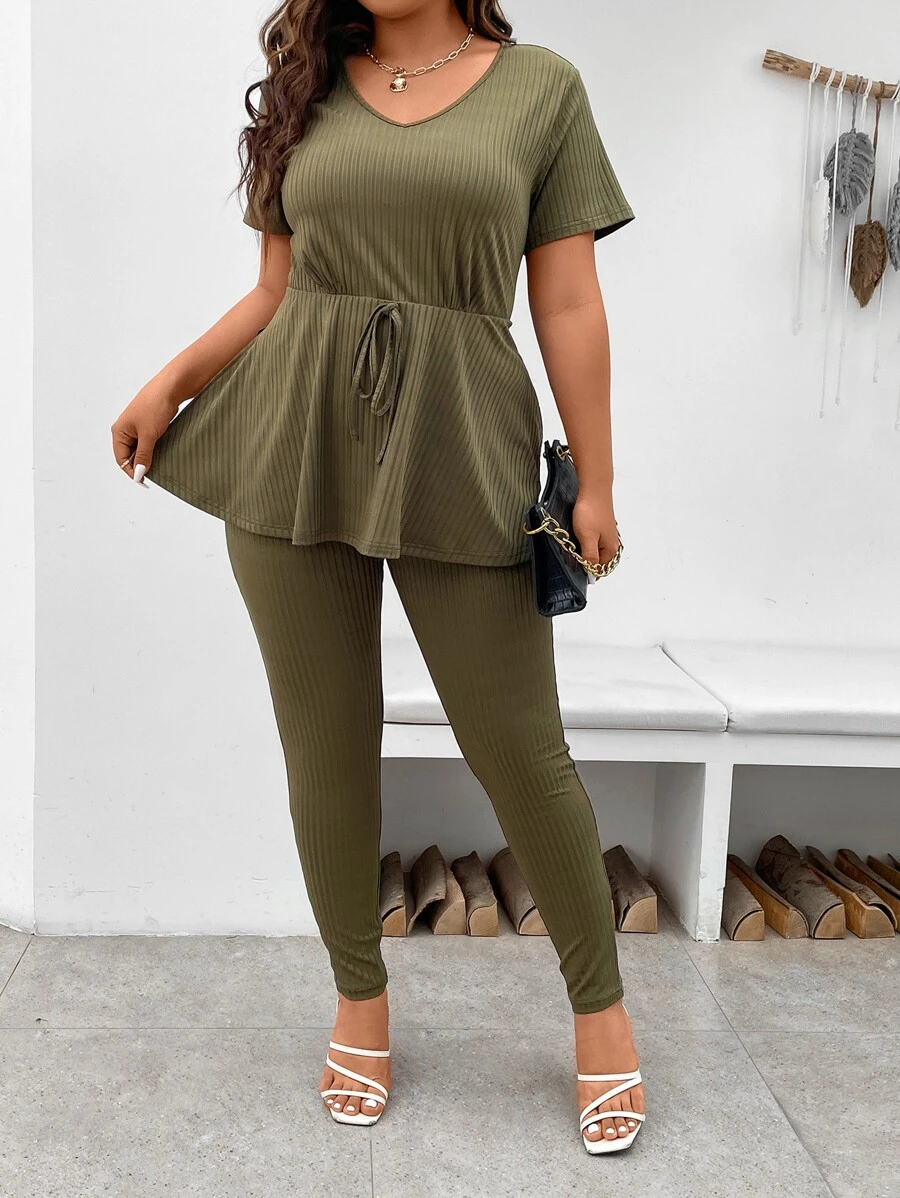 SHEIN LUNE Plus Rib Knit Tie Front Tee & Leggings - Army Green - View 1