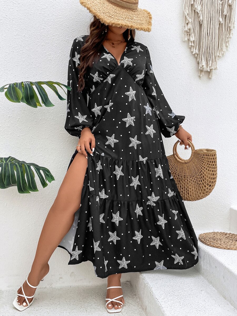 SHEIN LUNE Vestido con estampado de estrella de manga farol de muslo con abertura - Negro - Ver 1