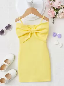 SHEIN 小女童前蝴蝶結吊帶連衣裙 - 黃色 - 查看 1