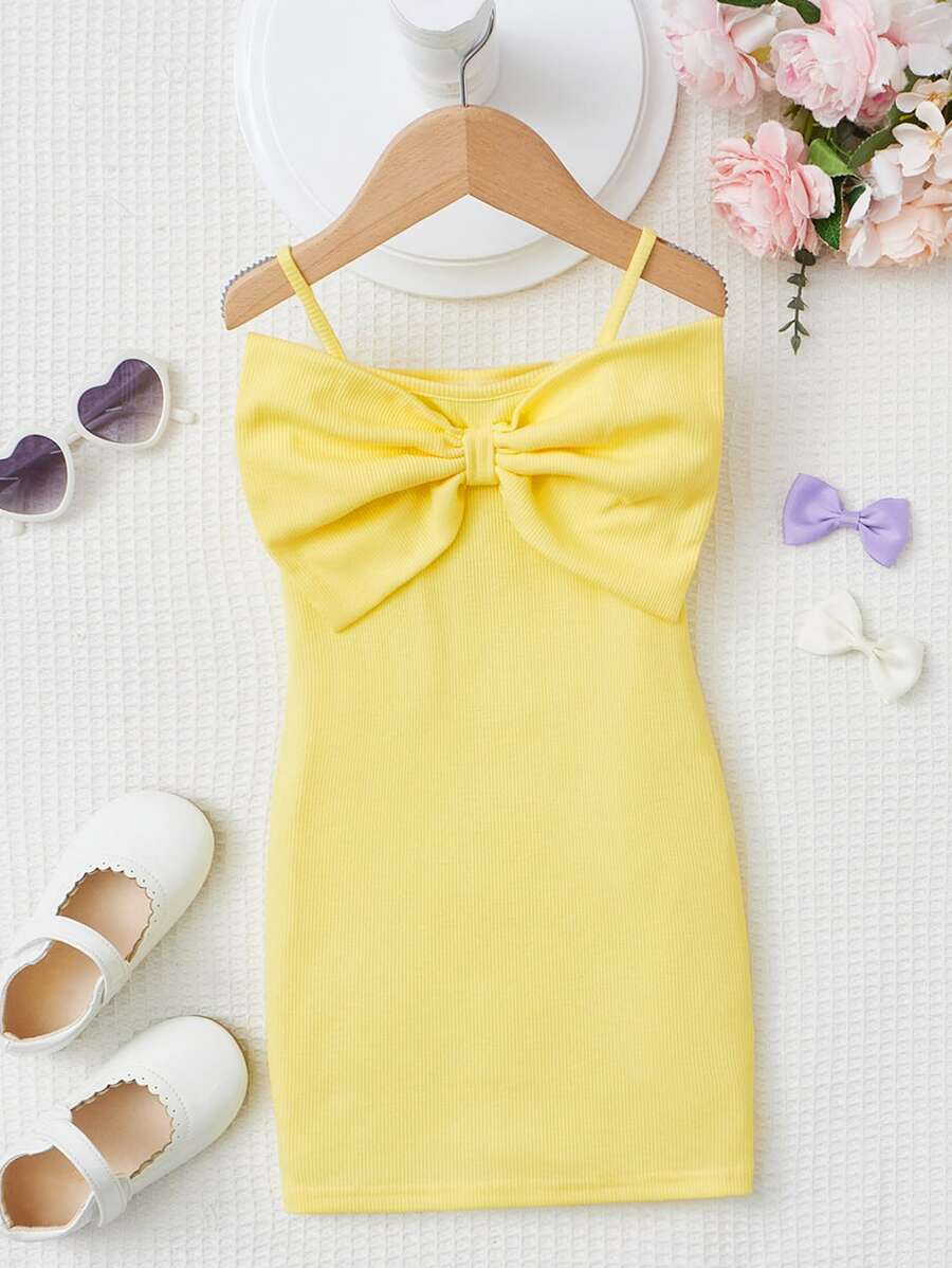 SHEIN 小女童前蝴蝶結吊帶連衣裙 - 黃色 - 查看 1