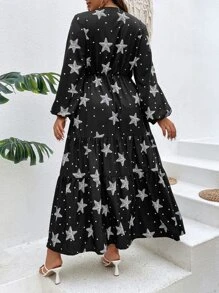 SHEIN LUNE Vestido con estampado de estrella de manga farol de muslo con abertura - Negro - Ver 2