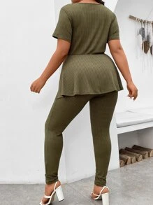 SHEIN LUNE Plus Rib Knit Tie Front Tee & Leggings - Army Green - View 2
