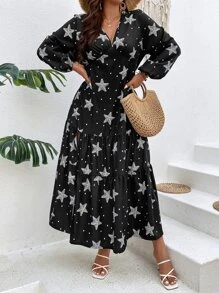 SHEIN LUNE Vestido con estampado de estrella de manga farol de muslo con abertura - Negro - Ver 3