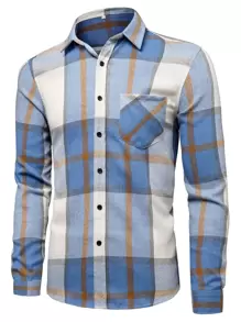 NITAGUT Men Plaid Patched Pocket Shirt - Blue and White - View 1