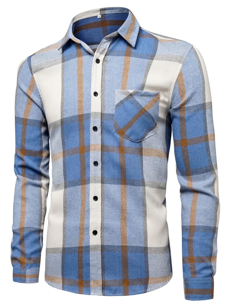 NITAGUT Men Plaid Patched Pocket Shirt - Blue and White - View 1