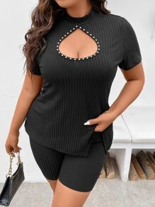SHEIN Unity Plus Rhinestone Detail Cut Out Tee & Cycling Shorts - Black - View 6