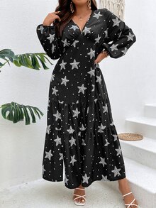 SHEIN LUNE Vestido con estampado de estrella de manga farol de muslo con abertura - Negro - Ver 5