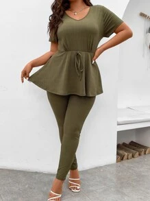 SHEIN LUNE Plus Rib Knit Tie Front Tee & Leggings - Army Green - View 3