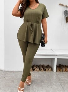 SHEIN LUNE Plus Rib Knit Tie Front Tee & Leggings - Army Green - View 4