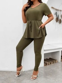 SHEIN LUNE Plus Rib Knit Tie Front Tee & Leggings - Army Green - View 5