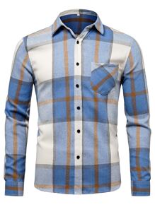NITAGUT Men Plaid Patched Pocket Shirt - Blue and White - View 4