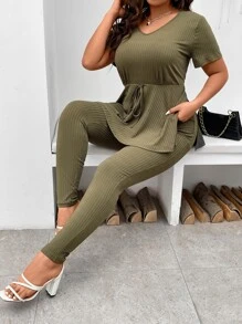 SHEIN LUNE Plus Rib Knit Tie Front Tee & Leggings - Army Green - View 6