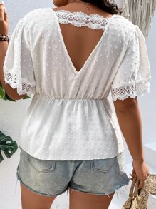 SHEIN Franclia Plus Swiss Dot Contrast Lace Peplum Blouse - White - View 3