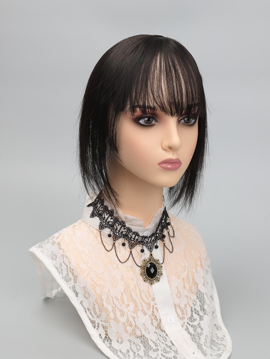 Short Straight Synthetic Hair Topper With Bangs - Black - View 1