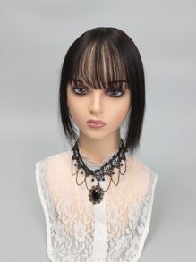 Short Straight Synthetic Hair Topper With Bangs - Black - View 3