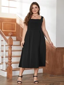 Plus Solid Slant Pocket Dress - Black - View 4