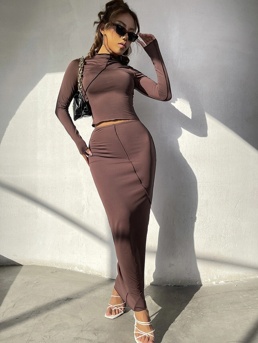 Mock Neck Top-stitching Crop Tee & Pencil Skirt - Coffee Brown - View 1