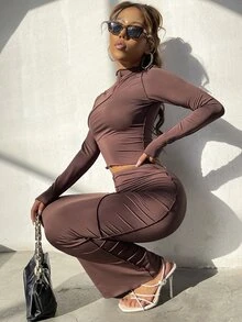 Mock Neck Top-stitching Crop Tee & Pencil Skirt - Coffee Brown - View 3