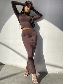 Mock Neck Top-stitching Crop Tee & Pencil Skirt - Coffee Brown - View 4