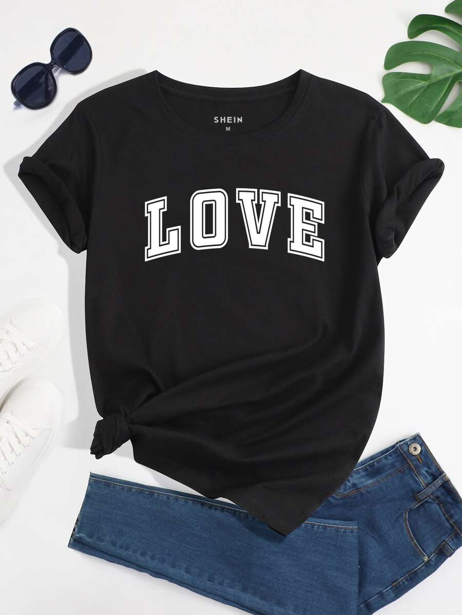 SHEIN EZwear Camiseta con estampado de letra - Negro - Ver 1