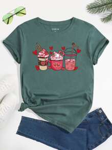 SHEIN LUNE Heart And Cup Print Tee - Dark Green - View 1