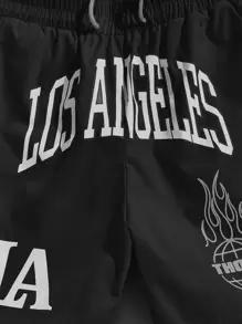 ROMWE MEN Prep Men Letter Graphic Drawstring Waist Basketball Shorts, School