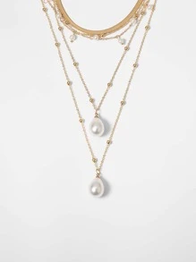 2 cái/bộ Đồ trang trí Ngọc Trai giả Vòng cổ nhiều lớp - Vàng - Xem 5