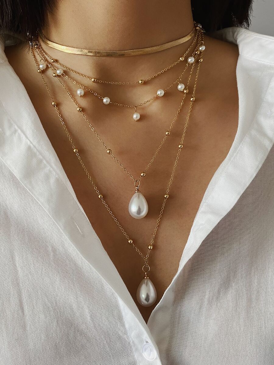 2 cái/bộ Đồ trang trí Ngọc Trai giả Vòng cổ nhiều lớp - Vàng - Xem 1