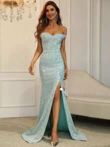 一字肩高衩亮片舞會連衣裙 - 薄荷綠 - 查看 4