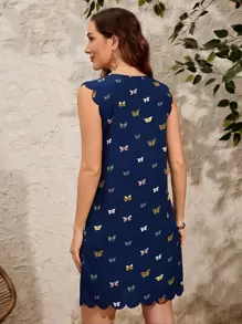 EMERY ROSE Butterfly Print Blue Dress Scallop Trim Keyhole Neckline Summer Dress - Navy Blue - View 2