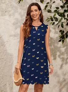 EMERY ROSE Butterfly Print Blue Dress Scallop Trim Keyhole Neckline Summer Dress - Navy Blue - View 4