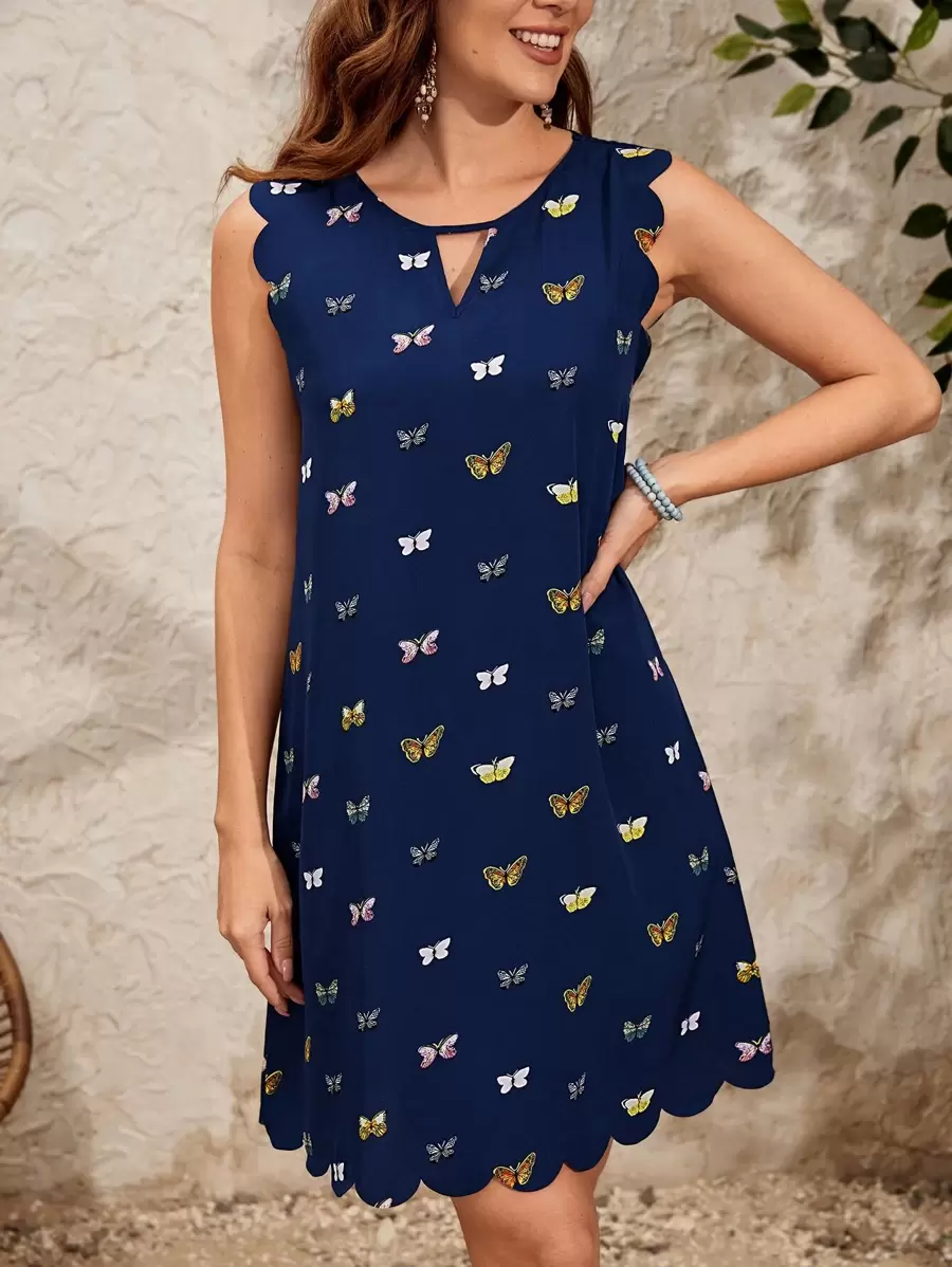 EMERY ROSE Butterfly Print Blue Dress Scallop Trim Keyhole Neckline Summer Dress - Navy Blue - View 1
