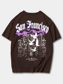 ROMWE MEN Street Life 男士棉字母圖案T恤 - 咖啡棕 - 查看 1