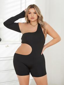 大碼單肩腰部鏤空彈力緊身連體短褲 - 黑色 - 查看 1