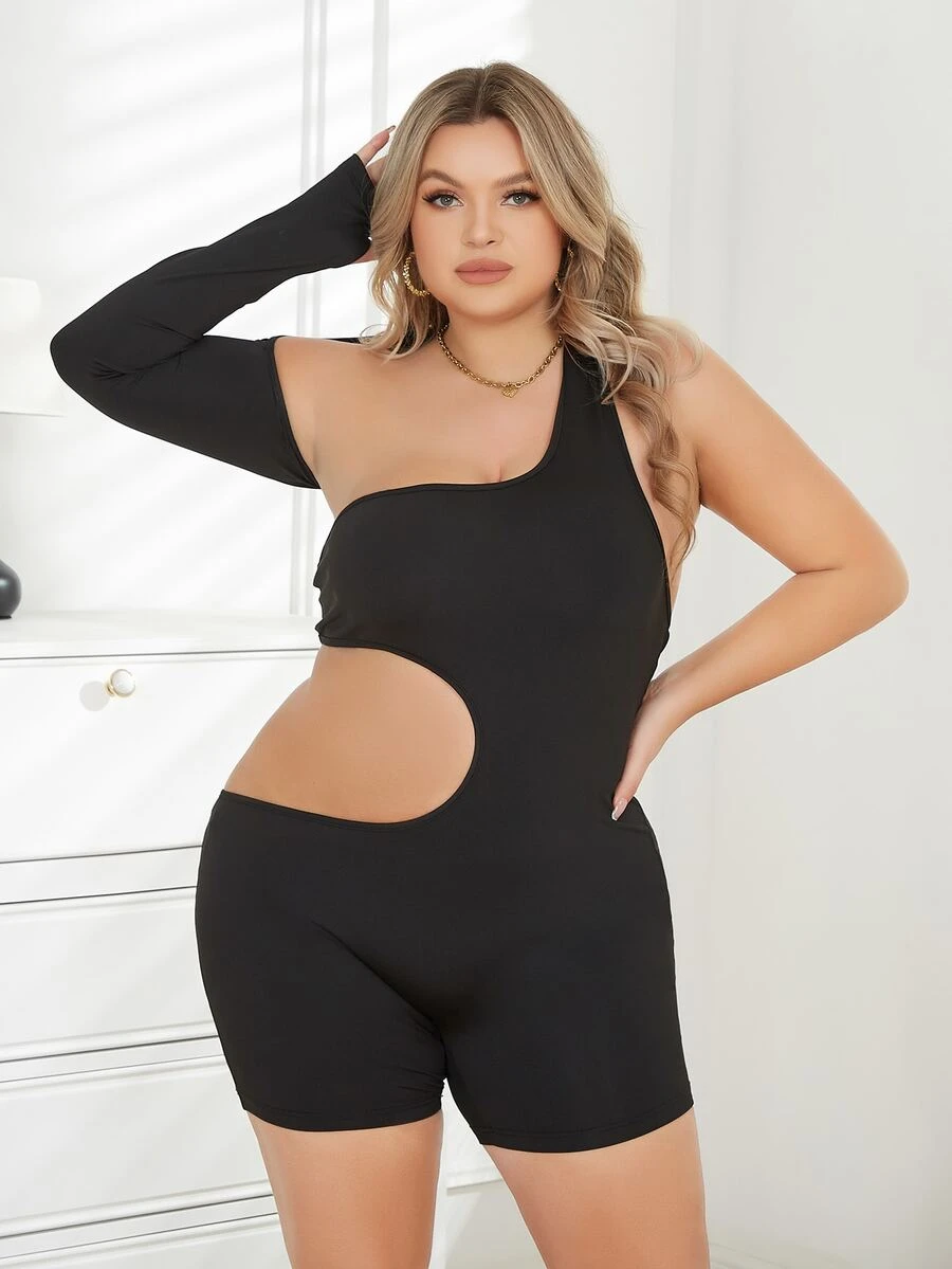 大碼單肩腰部鏤空彈力緊身連體短褲 - 黑色 - 查看 1