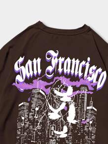 ROMWE MEN Street Life 男士棉字母圖案T恤 - 咖啡棕 - 查看 4