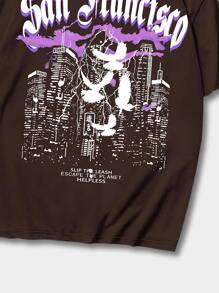 ROMWE MEN Street Life 男士棉字母圖案T恤 - 咖啡棕 - 查看 5