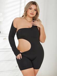 大碼單肩腰部鏤空彈力緊身連體短褲 - 黑色 - 查看 4