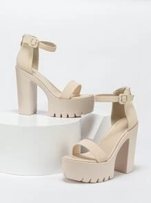 女士搭扣装饰踝带粗跟凉鞋，优雅米色踝带凉鞋，女士厚底高跟鞋 - 杏色 - 查看 4