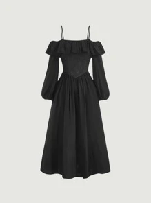 SHEIN MOD Cold Shoulder Ruffle Trim Dress - Black - View 1
