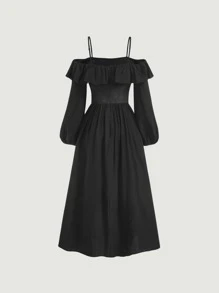 SHEIN MOD Cold Shoulder Ruffle Trim Dress - Black - View 2