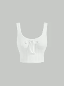 SHEIN MOD Knot Front Crop Tank Top - White - View 1