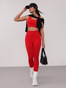 Yoga Basic 2入組無縫瑜伽套裝露背交叉絎縫文胸和寬腰帶緊身打底褲