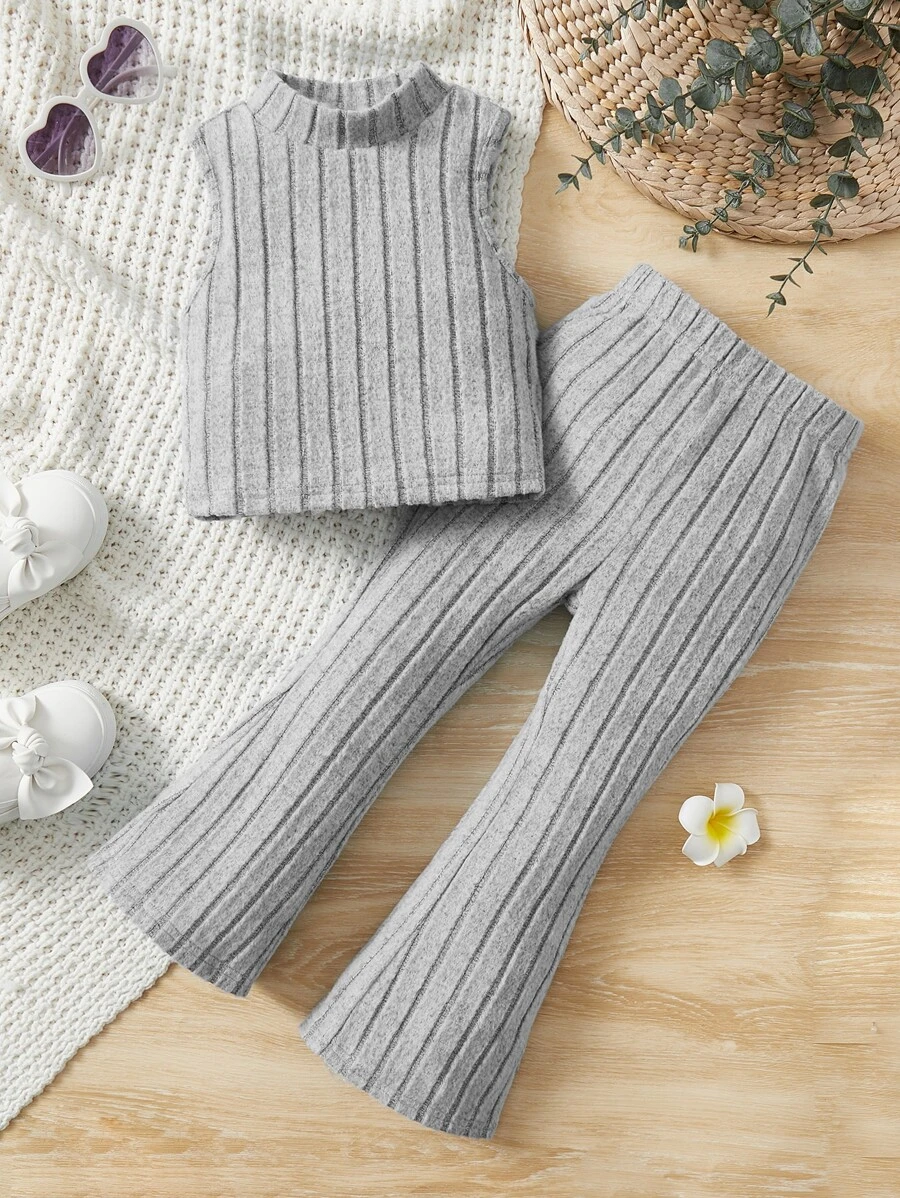 SHEIN Cô Gái Trẻ Cổ giả Áo ba lỗ & Quần ống loe - Màu Xám nhạt - Xem 1