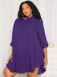 SHEIN CURVE+ 大碼捲邊袖襯衫洋裝