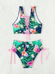 Tropical Print Lace Up Side Summer Beach Bikini Set - Multicolor - View 6