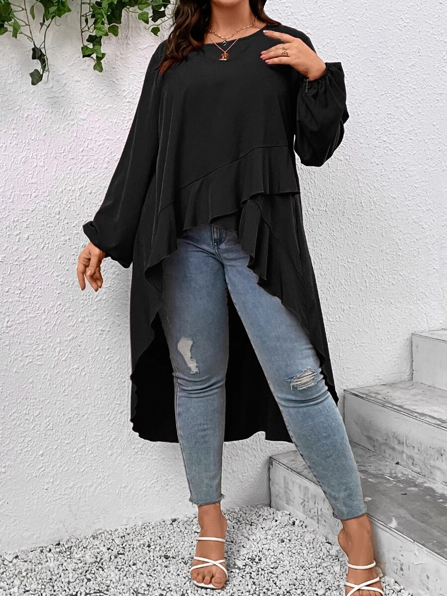 SHEIN LUNE Blusa de manga farol ribete con fruncido bajo irregular - Negro - Ver 1