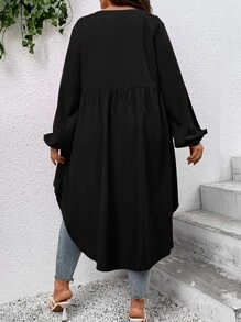 SHEIN LUNE Blusa de manga farol ribete con fruncido bajo irregular - Negro - Ver 2